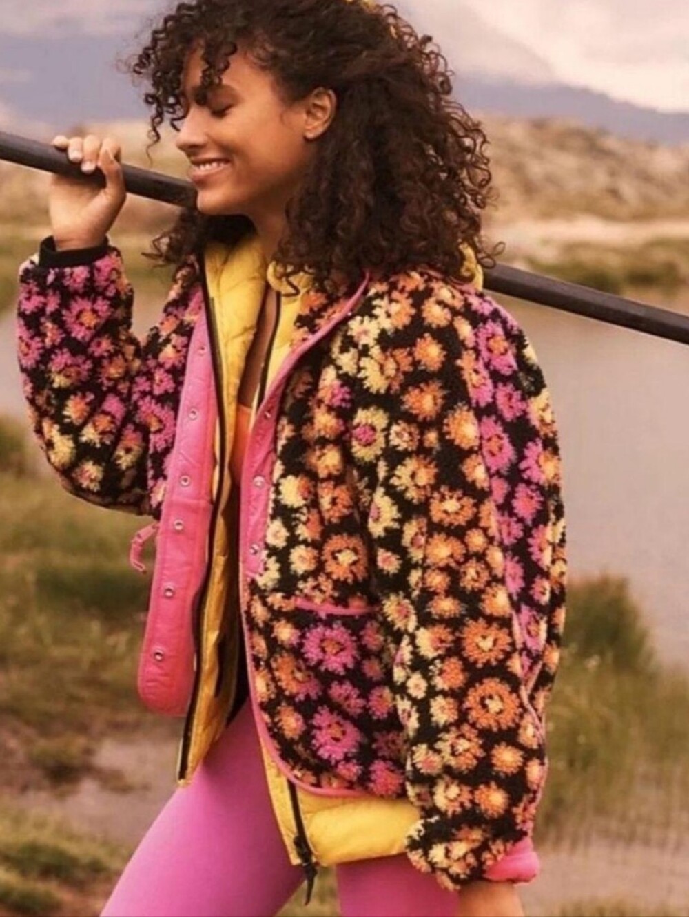 Free People FP Movement Rocky Ridge Fleece Jacket in Pink Daisy Floral Sz Small